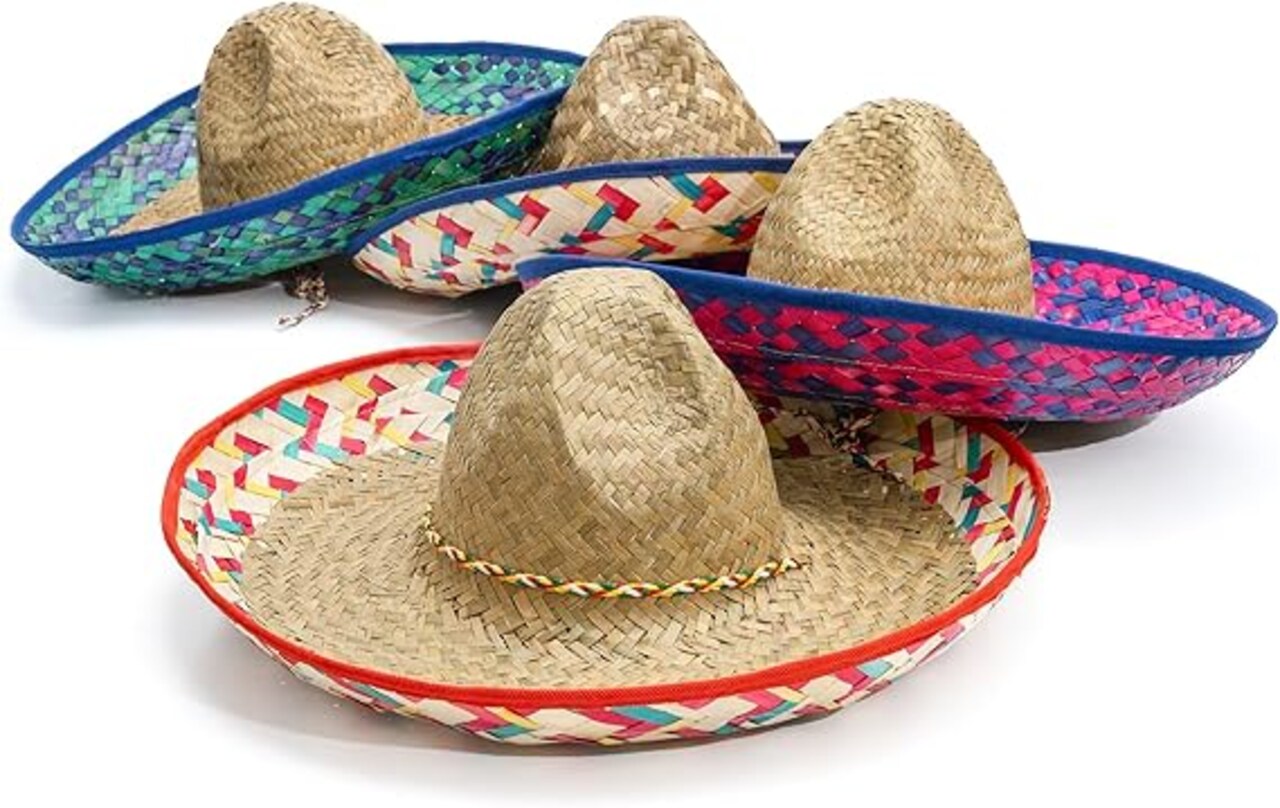 Pack of 4 Fiesta Sombrero Hats with Chin Strap – Colorful Mexican Party Hats for Adults, Cinco de Mayo Costume & Mexican Theme Celebration Accessories